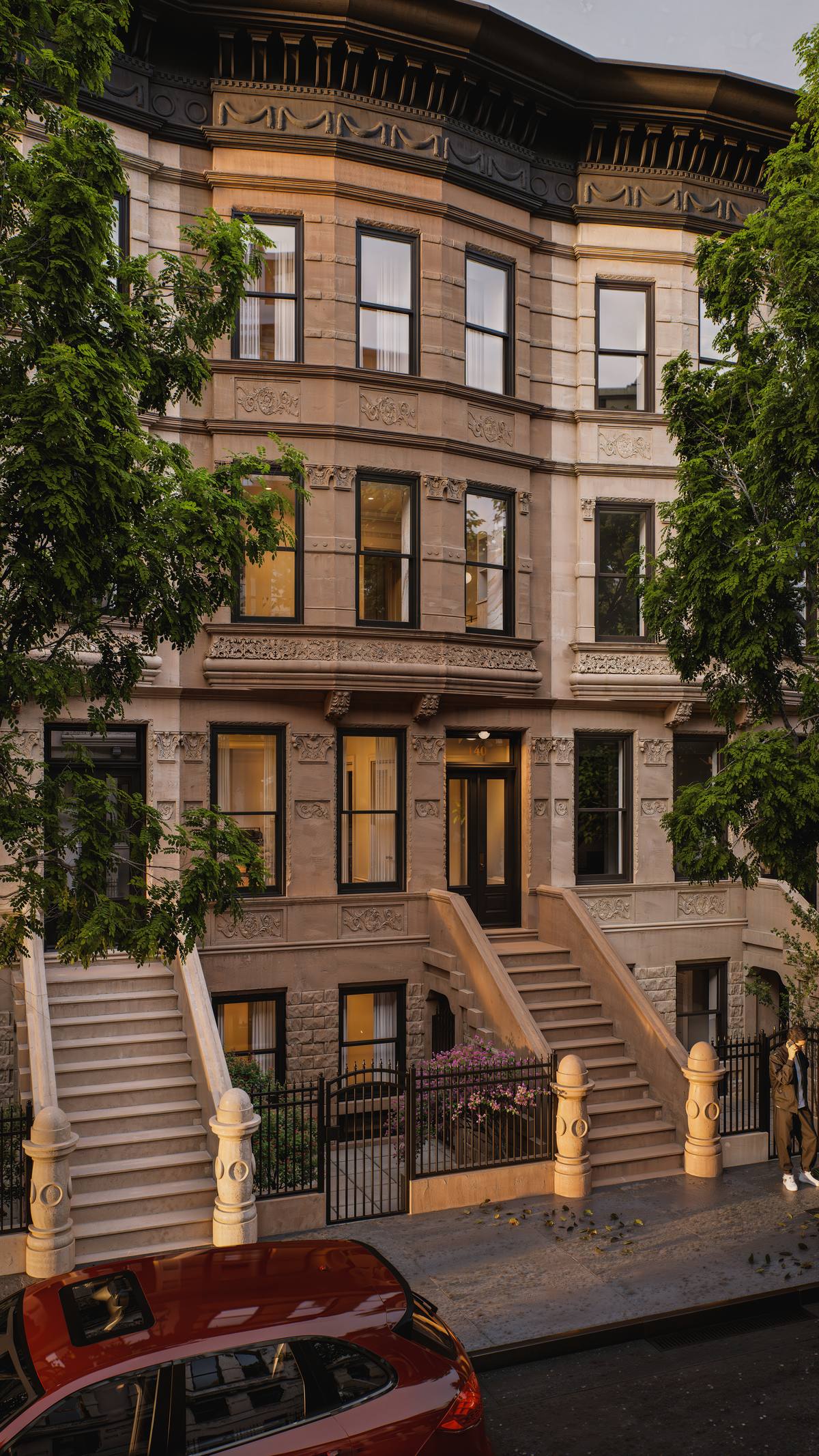 140 West 88th Street framed by tree-lined block