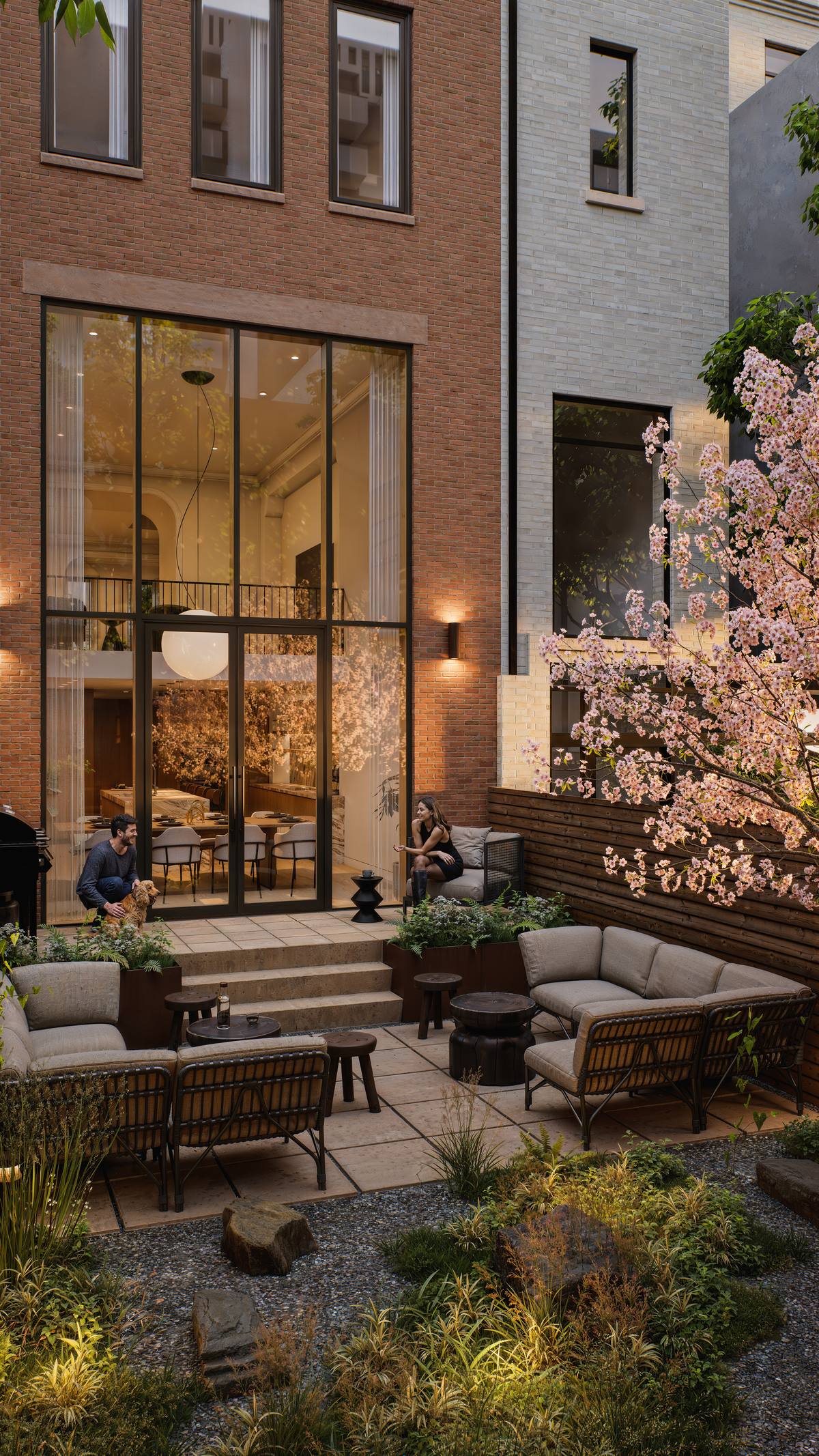 Private garden with cherry blossoms and lounge seating