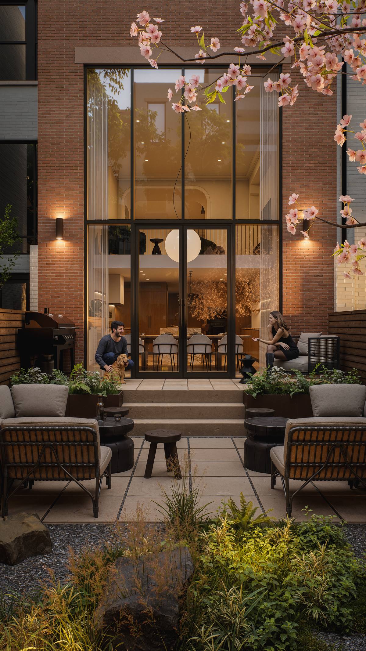 Glass wall opening from kitchen and dining onto the garden