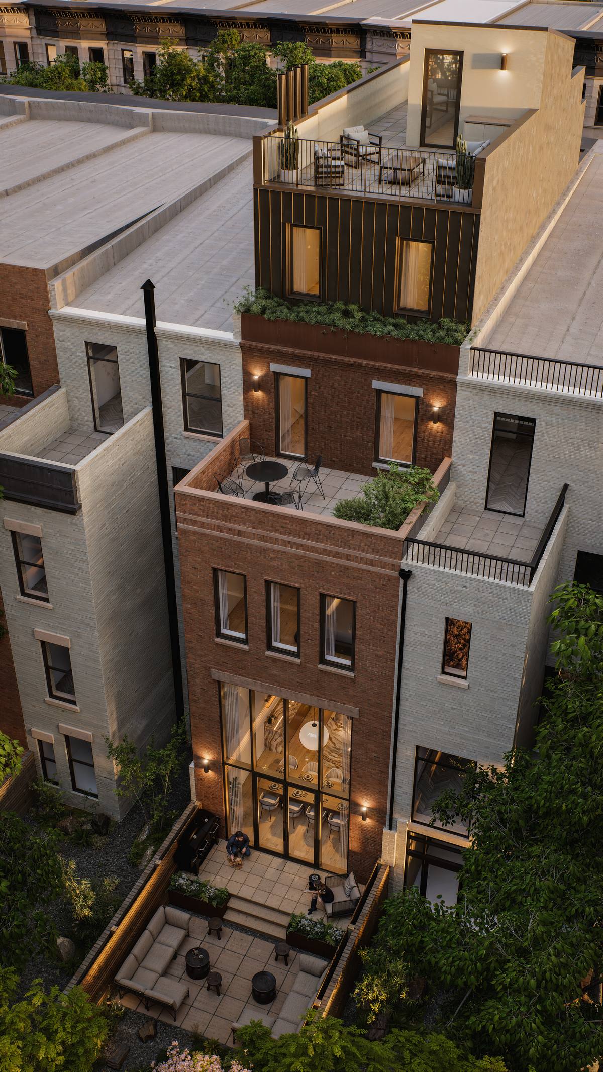Full rear elevation showing garden to roof terrace